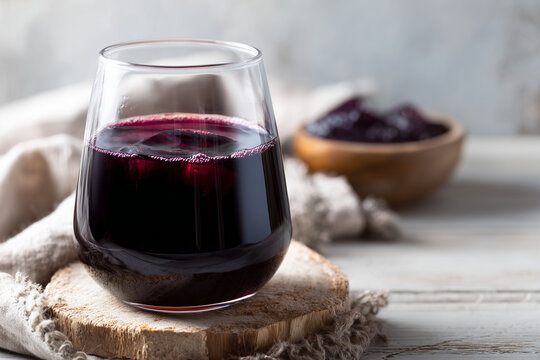 Chicha morada traditional Peruvian drink in glass on wooden surface