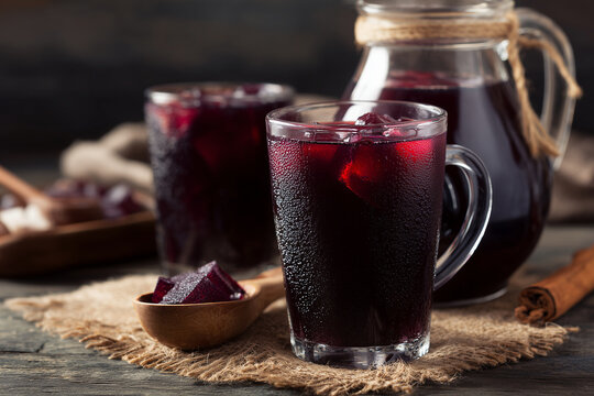 Chicha Morada traditional Peruvian drink served in glass with ice
