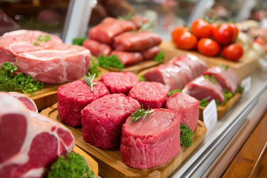 Fresh assorted meats displayed on wooden trays in a butcher's market