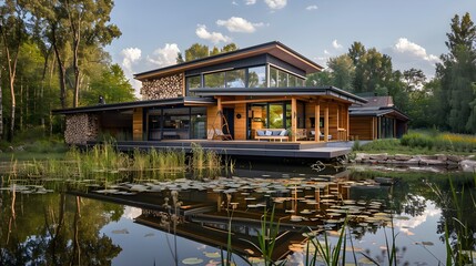 Obraz premium Modern luxury lake house architecture for tranquil living, real estate, and vacation marketing.