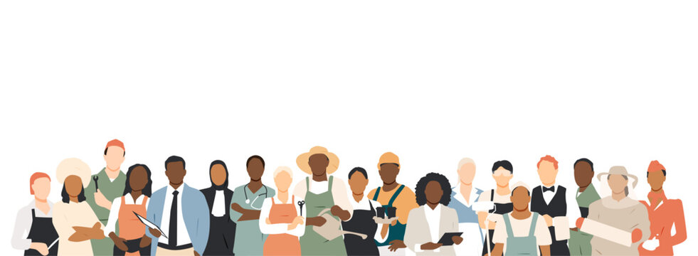 People of different professions standing together.