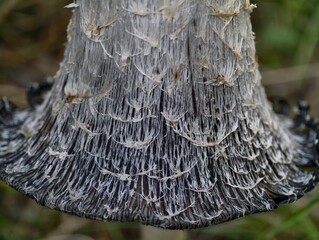 fragile mushroom details, detailed view of delicate inkcap fungus with mossy stem and fragmenting © Nataliia