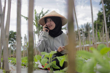 Young Asian female farmer wearing a hijab and woven bamboo hat talks on her smartphone while inspecting crop growth in agricultural fields. Modern farming, rural work, agriculture management concept