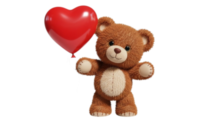 Cute teddy bear plush toy holding big red heart balloon adorable romantic valentine love gift soft stuffed animal beige brown fur PNG transparent background
