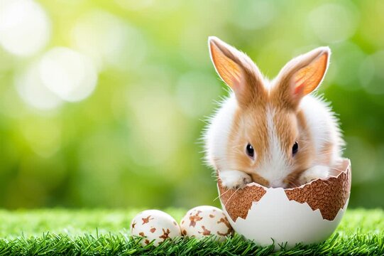Cute Easter bunny sitting in a cracked eggshell on green grass with blurred nature background and copy space.
