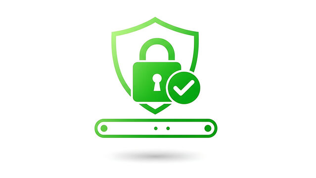 A green shield and padlock icon represents secure online protection Fundo branco
