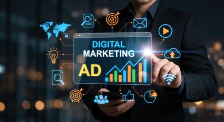 Businessman engaging with a futuristic digital marketing advertisement interface, showcasing global reach, analytics, and strategic growth.