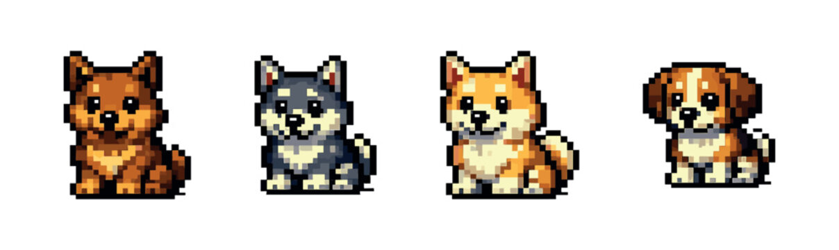 Pixel art style dog icons set - cute canine and puppy illustrations
