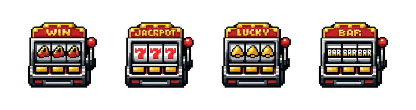 Slot machine pixel art style icons set: vintage gaming symbols collection