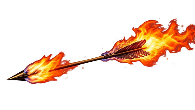 Fiery burning flaming arrow engulfed in intense flames with flying sparks dramatic passionate love cupid symbol fire arrow PNG transparent background