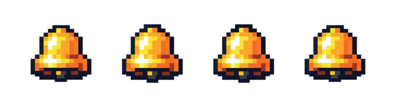 Pixel art style bell icons set: retro ding aesthetic collection
