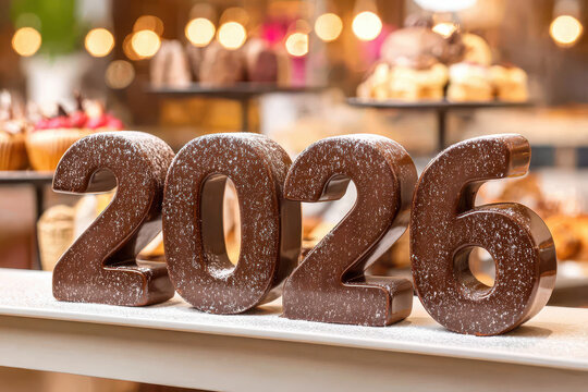 Chocolate number sculpture celebrating the new year 2026 with festive ambiance