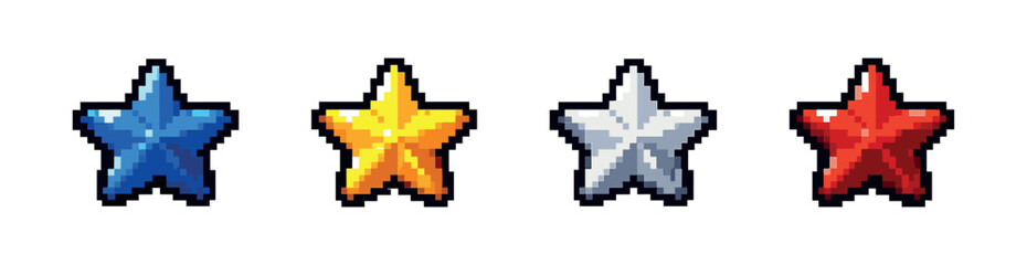 Obraz premium Pixel art style icons set: colorful star symbols in retro design
