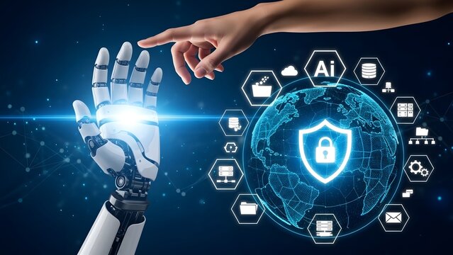 Human hand and robotic hand touching with ai technology background