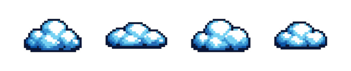 Fototapeta premium Pixel art style cloud icons set: retro, nostalgic weather symbols