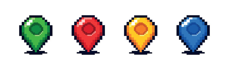 Obraz premium Pixel art style icons set: colorful location pins for maps and games