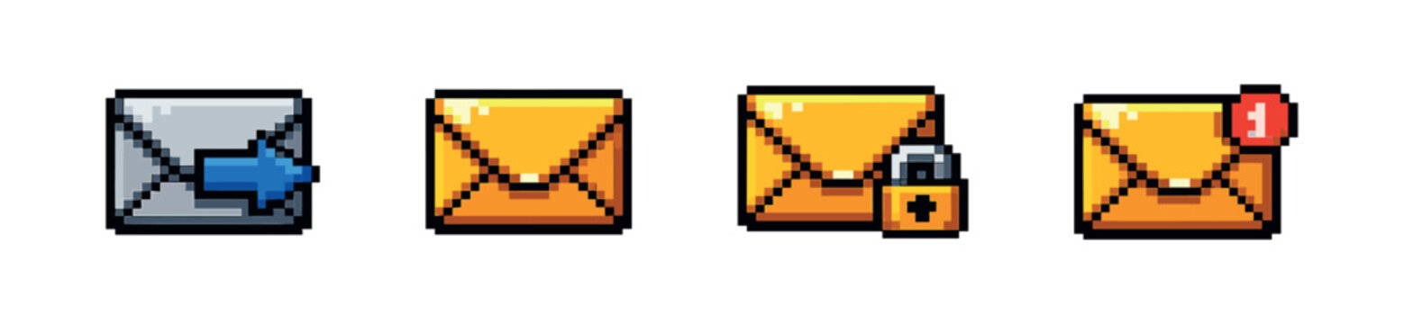 Email pixel art style icons set: envelopes, lock, notification symbols collection