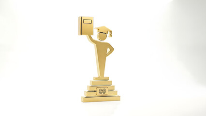 A golden trophy statue with a person holding a book on top Fundo branco