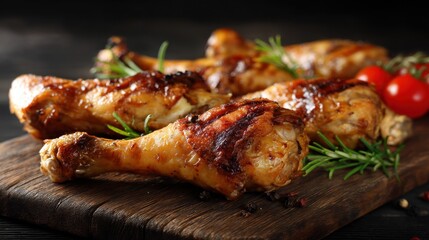 Grilled chicken drumsticks with rosemary and cherry tomatoes on wooden board.