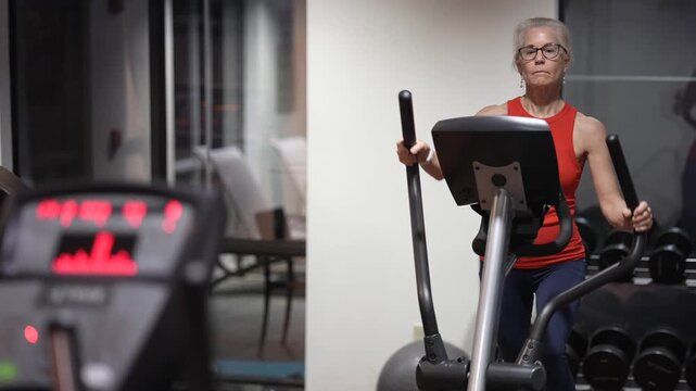 Mature woman exercises on a machine at the gym while focusing on strength and endurance during her workout session.