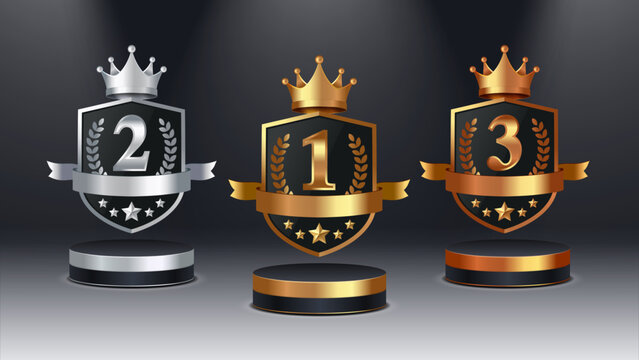 Gold, Silver and Bronze Winner Shield Trophy Set on Stage Podium with Crown and Stars, 1st 2nd 3rd Place Award Badges, Premium Champion Emblem Design, Luxury Achievement Vector Illustration