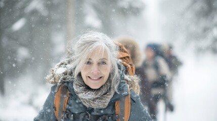 Fototapeta premium Explore adventure outdoor in National Park. A woman with a warm smile, wearing a jacket and scarf, walking through a snowcovered forest. The background is blurred.