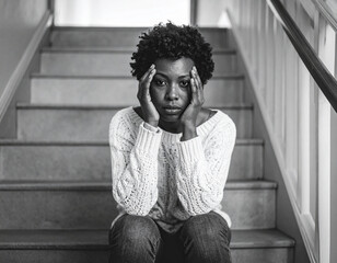 Depremierte Frau sitzt auf der Treppe