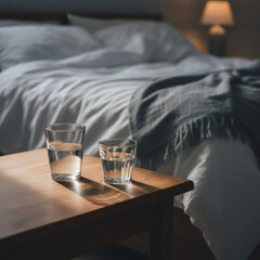 Valenstine day Two glasses of water on bedside table in serene bedroom