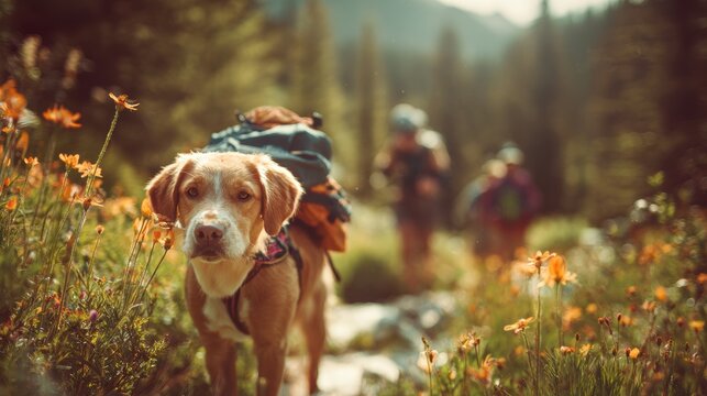 Explore adventure outdoor in National Park. A dog with a backpack standing in a field of vibrant flowers, surrounded by lush greenery and a blurred background. The dog is the main subject.