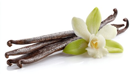 Fototapeta premium Aromatic vanilla beans with fresh orchid flower and green leaves on white background.