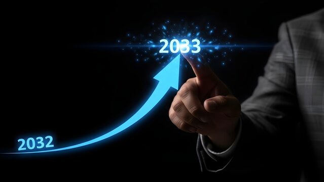 Businessperson points to a futuristic 2033 timeline using a digital arrow