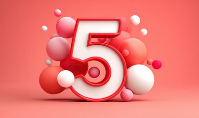 3D number five in red surrounded by floating colorful spheres