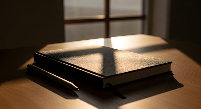 A closed black leather diary and a silver pen sit on a blank wooden desk near a laptop and tablet in a modern business office - Powered by Adobe
