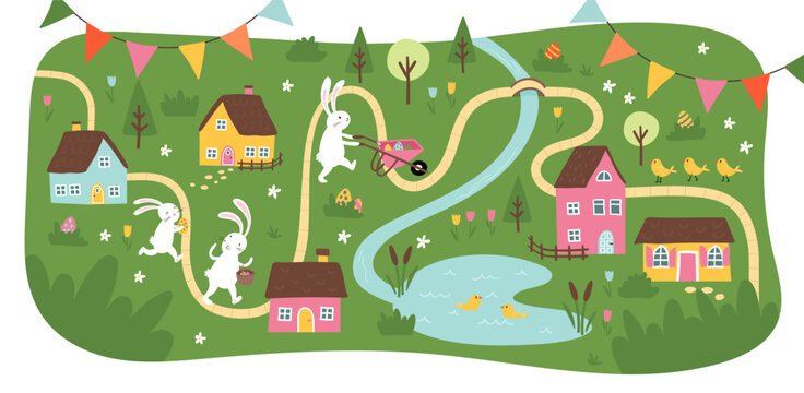 Cute Easter Egg hunt design, map for children, hand drawn with cute bunnies, eggs and decorations - great for invitations, banners, wallpapers - vector