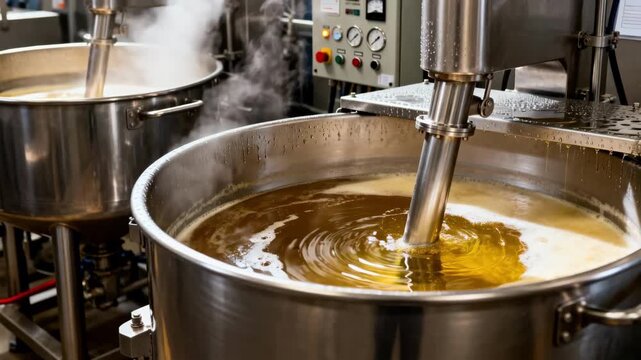 Medium shot of industrial hydrogenation process where liquid oils are transformed into solid fats through controlled heating and mixing in large vessels.
