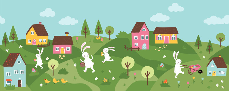 Cute Easter Egg hunt design, map for children, hand drawn with cute bunnies, eggs and decorations - great for invitations, banners, wallpapers - vector