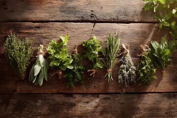 Fresh Medicinal Herbs Neatly Arranged on Wooden Table in Natural Daylight for Herbal Wellness and Healing Concepts  
