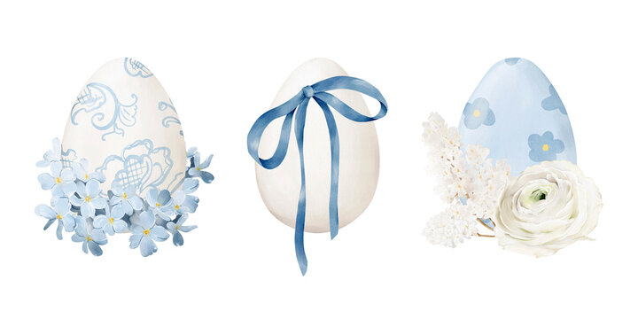 Watercolor decorated Easter eggs with blue and white spring flowers and ribbons, isolated clipart elements. Ideal for Easter cards, invitations, holiday packaging, scrapbooking and seasonal design.