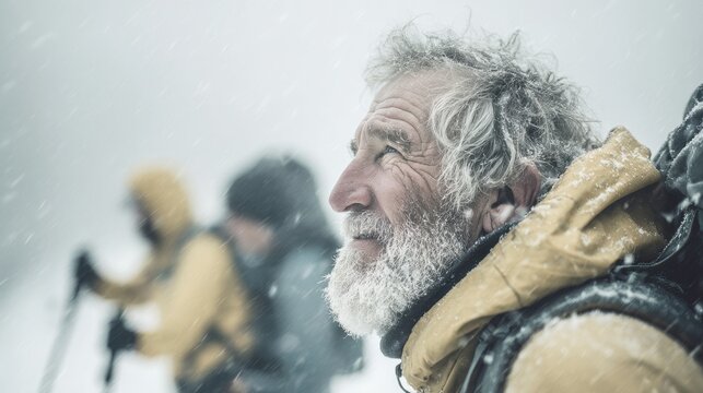 Explore adventure outdoor in National Park. A man with a beard and a yellow jacket standing in the snow, looking to the side with a contemplative expression. The background is blurred.