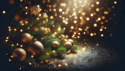 Golden ornaments on pine branches