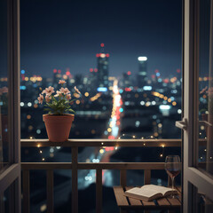 Valenstine day Cozy balcony with flowers and wine overlooking city lights at night