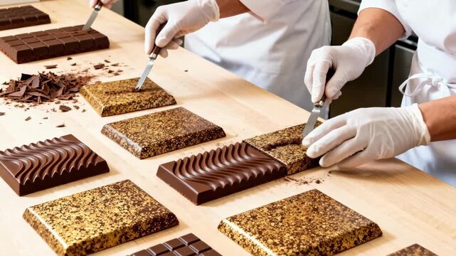 Medium shot capturing workers releasing speckled chocolate pieces with delicate tapping and scraping techniques emphasizing detailed finishing touches and textured confection