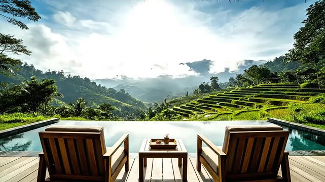 Escape to a serene resort with an infinity pool overlooking stunning green hills and mountains, perfect for relaxation and luxury getaways