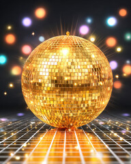 Golden disco ball in vibrant lights on a reflective floor