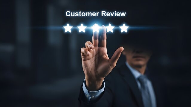 Businessman giving a five-star rating in customer review system