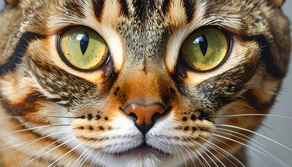 A close-up portrait showcases a cat's face with mesmerizing green eyes and a detailed patterned fur. The cat is centered