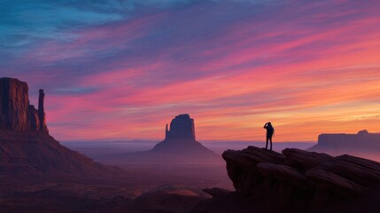 Fototapeta premium Explore adventure outdoor in National Park. A person standing atop a rocky outcrop in Monument Valley, Utah, gazing into the distance. The sky is painted in a gradient of hues.