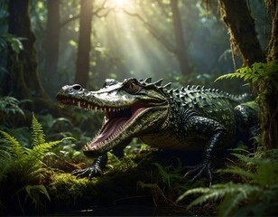 Obraz premium A large reptile with an open mouth stands in a forest