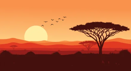 Fotobehang Bruin Beautiful African savanna landscape vector illustration at sunset with acacia trees and birds  © PDWN Creative