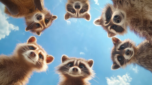 Group of curious raccoons looking downward under a blue sky